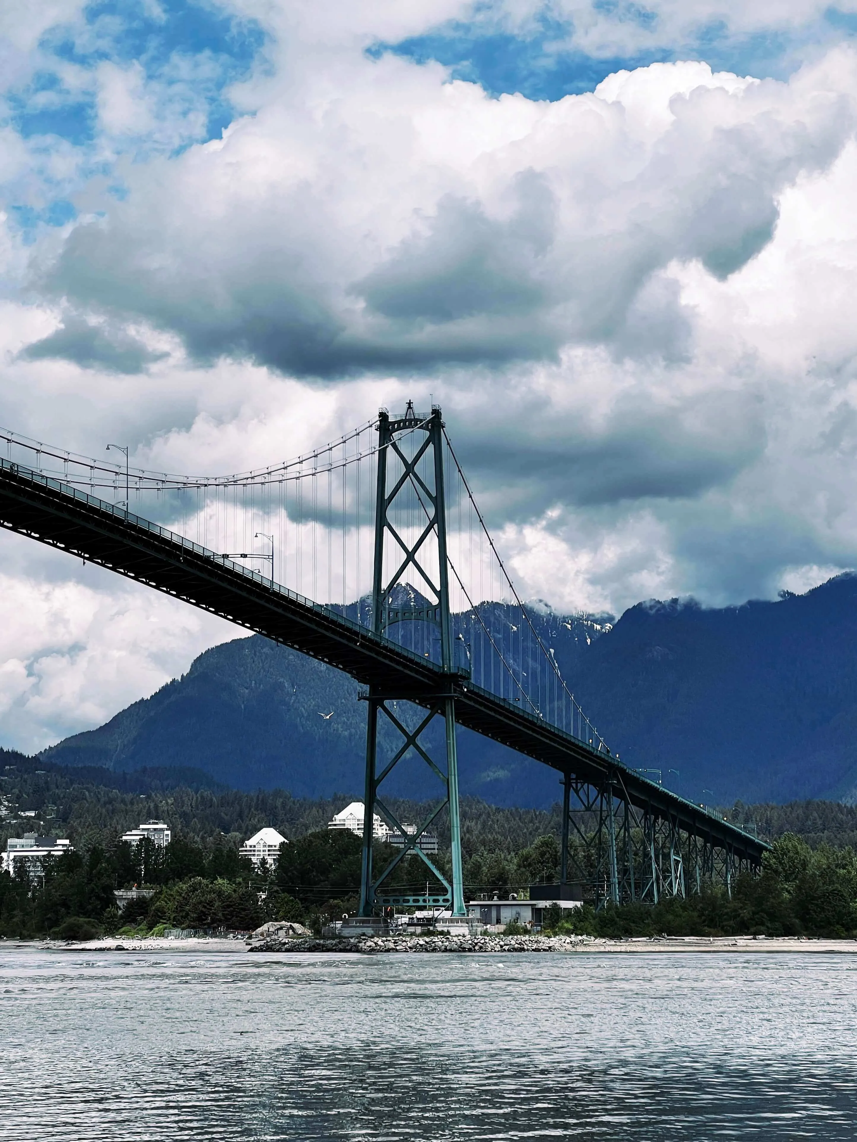 Lions gate bridge spanning water with mountains and dramatic clouds vancouver