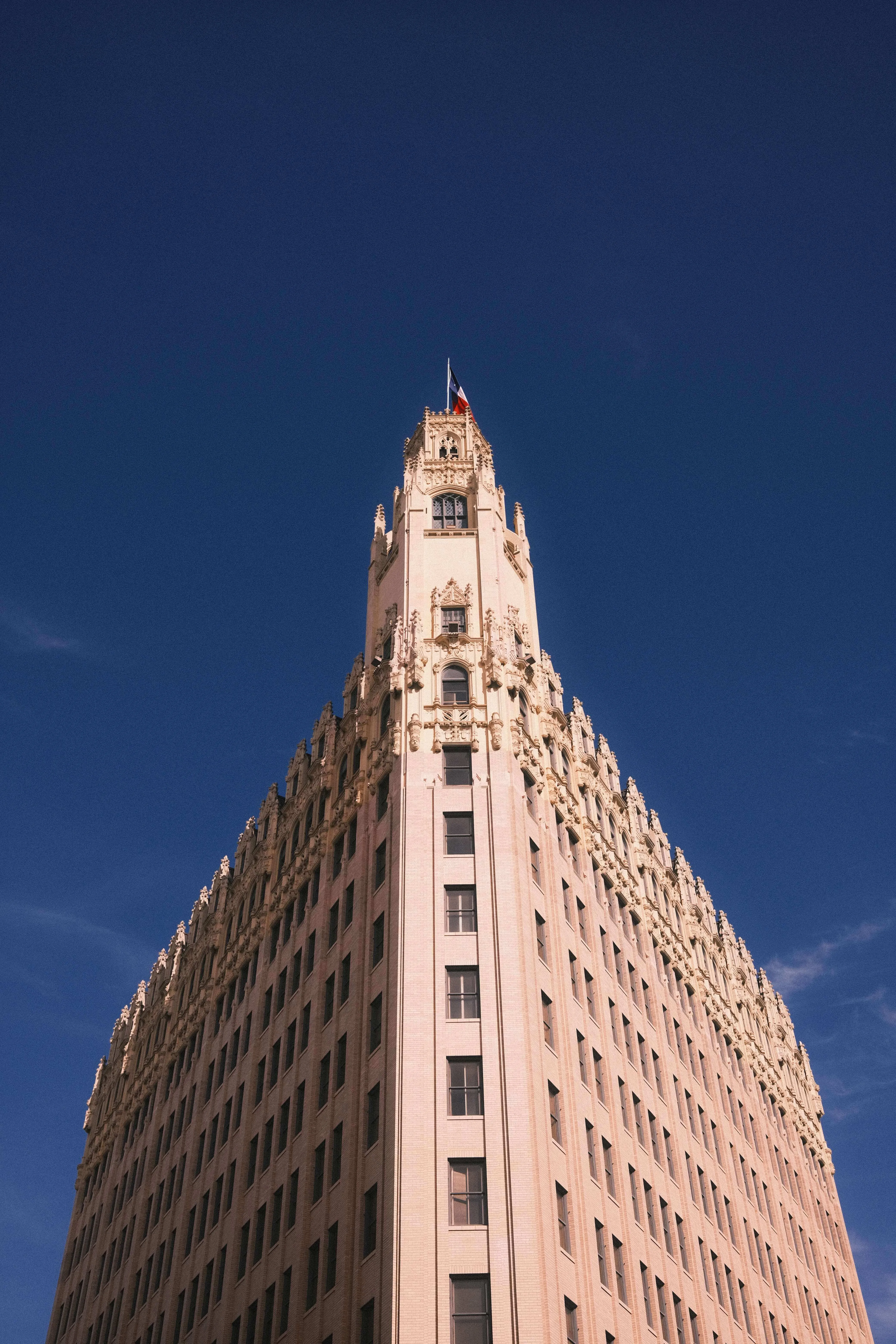 Historic downtown san antonio building shot from below with strong light and shadow contrast